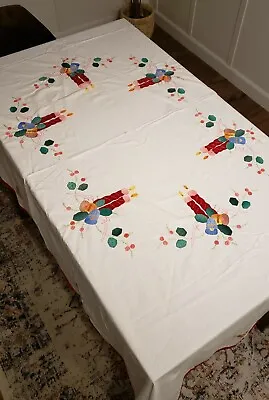 $49.95 • Buy Vintage Christmas Holiday Candlestick Embroidered Applique Tablecloth 64 X 84 