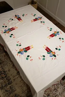 Vintage Christmas Holiday Candlestick Embroidered Applique Tablecloth 64 X 84  • $39.95