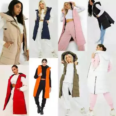 Ladies Long Line Hooded Puffer Gilet Padded Body Warmer Side Zips Pocket Uk 8 26 • £27.99