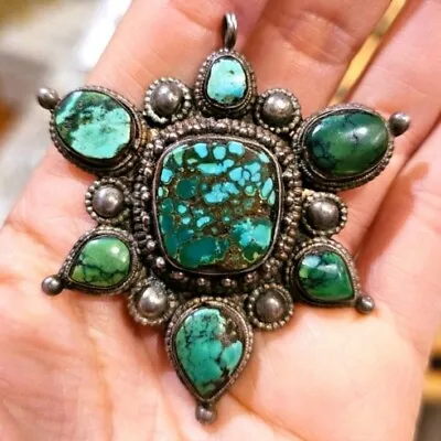 Nepalese Turquoise Pendant Vintage Sterling Nepali Natural Turquoise Pendant  • $316.25