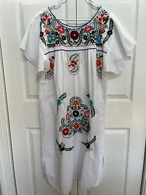 Mexican Peasant Midi Dress Hand Embroidered Floral White Size L? • $24.97