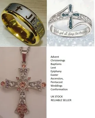 Christ Rhinestone Cross Crucifix Blue Silver Ring Jesus Gold Ring (UK Stock) • £3.20