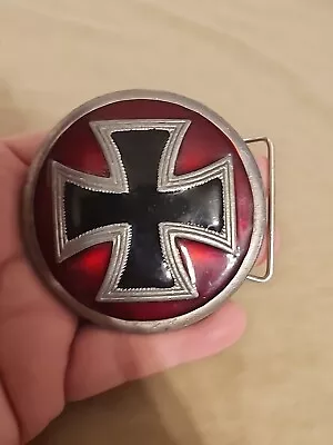 Vtg Round Pewter & Enamel Iron Cross  Crimson Red & Black Biker's Belt Buckle  • $16.50