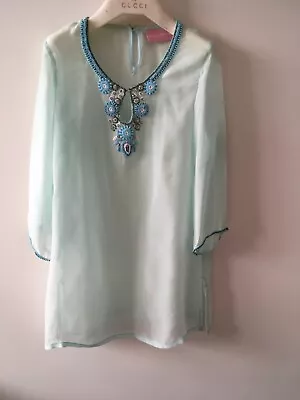 Girls Miss Rhona Silk And Beaded Embroidered Blue Kaftan Size 8 Over Swimwear • £13