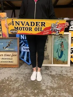 Antique Vintage Old Style Sign Invader Motor Oil Made USA • $55