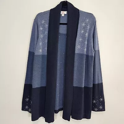 Quacker Factory Sweater Womens Large Blue Snowflake Tank Cardigan Rhinestone  • $17.49