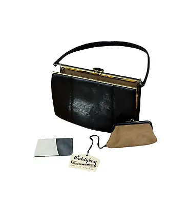 Black Leather Waldybag + Matching Purse Small Mirror Original Tag 1960 Vintage • £40