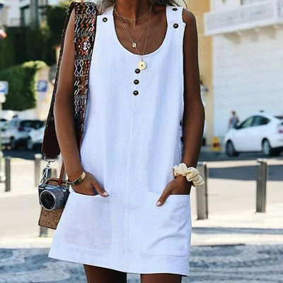 $0.99 • Buy Women Dress Dresses Boho Blouse Shirt Sleeveless Pocket Ladies Summer Beach