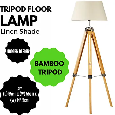 $105 • Buy LARGE TRIPOD FLOOR LAMP Linen Shade Modern Light Bamboo Vintage Wooden Retro