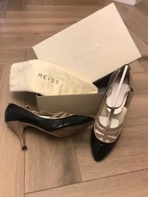 Reiss Roxy T Bar Court Shoes (patent Black/mushroom) UK6 • £0.99