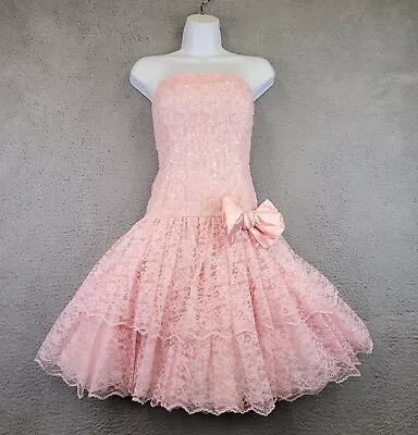 Vintage Lauralie Women’s Dress Size 8 Pink Lace Tiered Sequins Barbie Core • $108.88