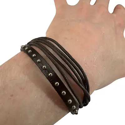 Brown Cotton Studded Leather Bracelet Wristband Bangle Mens Womens Boy Jewellery • £3.99