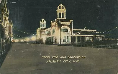 NJ Atlantic City POSTCARD - Steel Pier And Boardwalk At Night - Used 1911 • $6.99