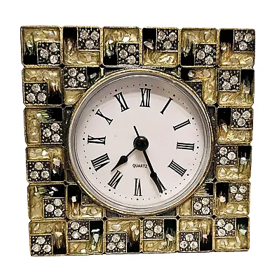 Vintage Desk Clock In A Metal Enamel Ornate Frame W Rhinestones Square 3.5  • $23.50