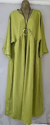 Stunning Satin Mustard Green Lagenlook Dress Kaftan Style Size Up To 22 • £4