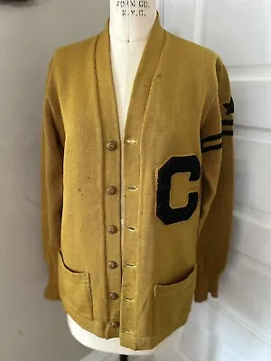 VINTAGE Lamb Knit HS Class Cardigan Varsity Sweater 1950s Gold Black MED As-is! • $29.99