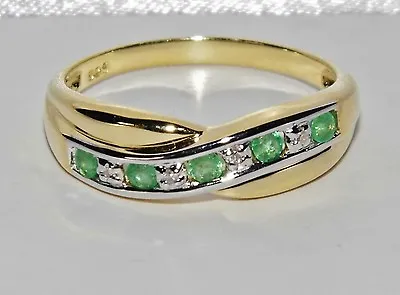 £39.95 • Buy 9ct Yellow Gold & Silver Emerald & Diamond Crossover Eternity Ring Size J