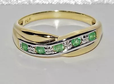 £39.95 • Buy 9ct Yellow Gold & Silver Emerald & Diamond Crossover Eternity Ring Size J