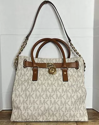 Michael Kors Cream/Brown East West Hamilton XL Tote Purse Monogram Lock (no Key) • $84.99