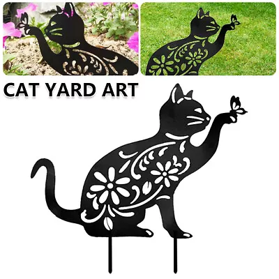 Metal Black Hollow Cat Feline Garden Stake Fence Ornament Yard Decoration WT • £9.52