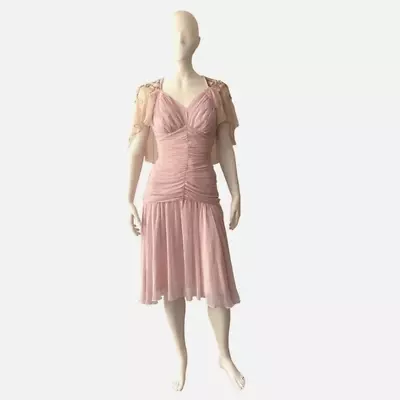 Vintage Light Pink Marilyn Monroe Ruched Waist Sequin Cape Flutter Sleeve Dress • $110