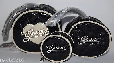 NWT Guess Black & White Faux Leather & Silver Metal 3 Piece Cosmetic Cases Set/3 • $42.99