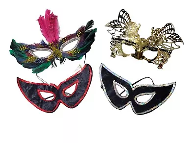 Lot Of 4 Masquerade Mardi Gras Masks Feathered Cloth And Plastic • $12