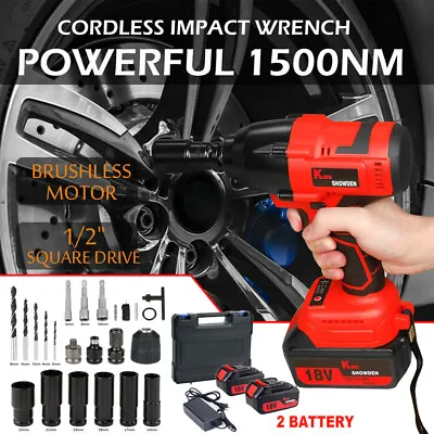 1500Nm Cordless Electric Impact Wrench 1/2'' High Power Driver+ 2 Li-ion Battery • $98.45