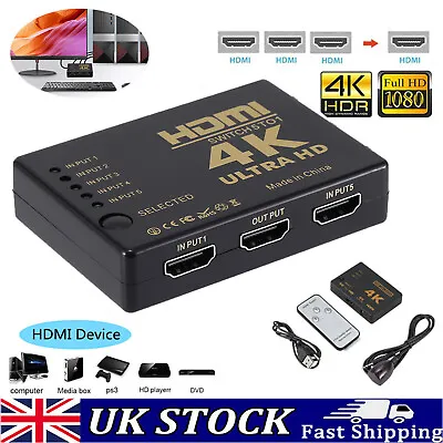 5 Port Splitter Hub 4K HDMI Switch Switcher IR Remote For HDTV PS3 5 In 1 Out • £6.99