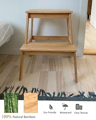 2-Step Stool Bamboo Sturdy Wooden Kitchen Ladders Non-Slip Home Shop Bar Bench • £17.35