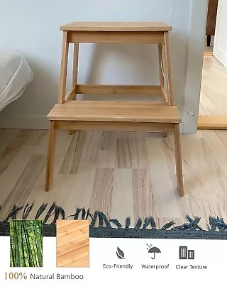 2-Step Stool Bamboo Sturdy Wooden Kitchen Ladders Non-Slip Home Shop Bar Bench • £17.35