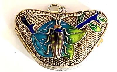£19.95 • Buy Antique Silver GILT Mesh And Insect Enamel Locket /pill Box