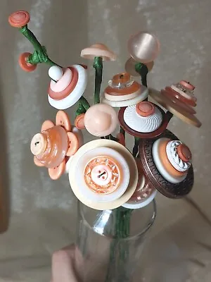 Button Flower Bouquet Of Vintage & New Buttons In Glass Water Bottle.  Peach • $12