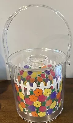 Vintage 80s/90s Ice Bucket Acrylic With Flowers White Picket Fence And Handle • $17