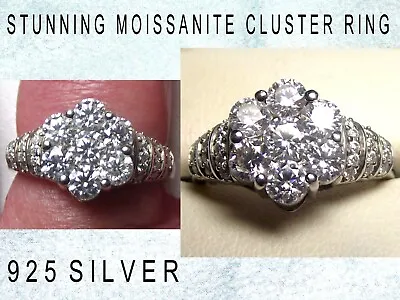 * QUALITY * 925 SILVER * STUNNING CLUSTER MOISSANITE  RING * 3.4gms * Size L * • £39.50