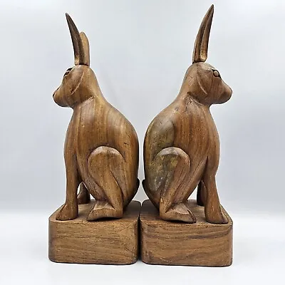 Hand Carved Wood Primitive Folk Art Rabbit Bookends Wooden Rustic 11.5  Bunnies • $99.99