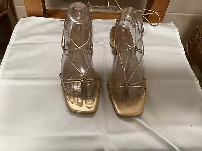 $39 • Buy Zara Metallic Gold Strappy Sandals Open Toe Lace Up Sandals Round Heel Sz 8 (39)