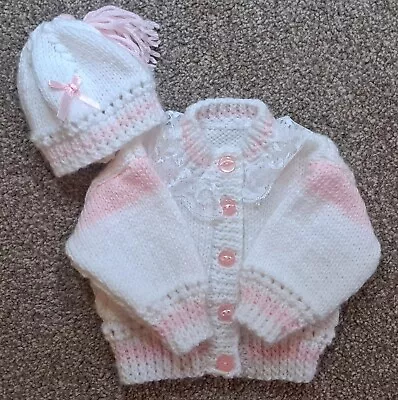 Handknitted Baby Cardigan With Hat NEW • £4.50