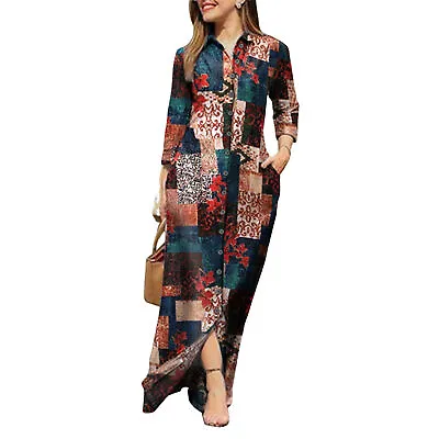 Women Boho Long Dress V-Neck Blouse Long Dress Vintage Split Dress Spring Summer • $16.39