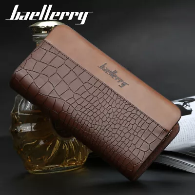Mens Clutch Bag Leather Wallet Card Holder Checkbook Purse Zipper Handbag Gift • $11.69