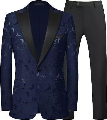 MOGU Mens 2 Piece Floral Slim Fit Black And White Tuxedo For Wedding Dinner Prom • $91.82