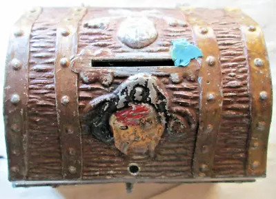 Vintage Decorative Metal Hinged Treasure Chest Coin Bank Red/gold/gray Used • $4