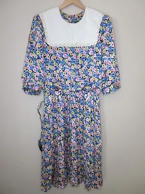 Sz 16 Vintage Breli Originals Women Tea Dress Secretary Floral Blue Pink Pleated • $27.88