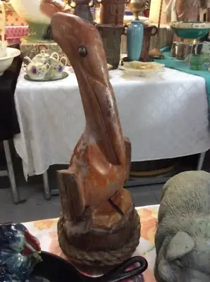$49 • Buy Vintage Hand Carved Wood Pelican Tall Shore Bird Coastal Chic