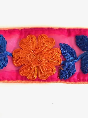 £4.90 • Buy Indian Pink Orange Ribbon Embossed Flowers Embroided Fine Fabric Trim/lace-1mtr