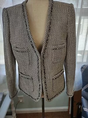 J. Crew Navy Ivory Tweed Blazer Sz 10 Hook Eye Pockets Fringe Cotton Classic • $32