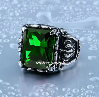 JXC Mens Womens Statement Crown Green Emerald Stone Ring Size 7 8 9 10 11 12-15 • $19.99