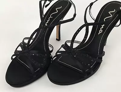 Nina Black Strappy Crystal Sandal Heels Dressy 10m • $17.60