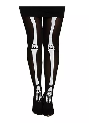 Women Black Skeleton Bones Tights Day Of The Dead Halloween Fancy Dress • £3.45