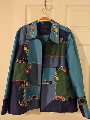 August Max 100% Silk Blazer Medium Size 4 Blues Teal Embroidered Floral Lined  • $29.69